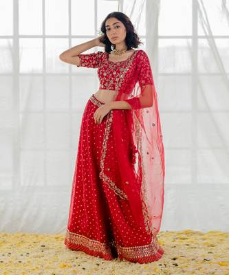 Cherry Red Embroidered Organza Lehenga Set 4