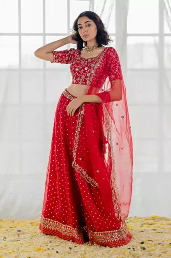 Cherry Red Embroidered Organza Lehenga Set