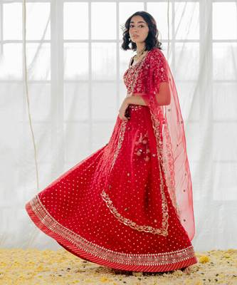 Cherry Red Embroidered Organza Lehenga Set 5