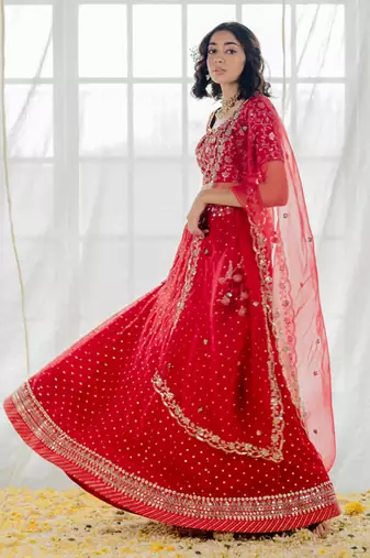 Cherry Red Embroidered Organza Lehenga Set