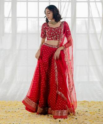 Cherry Red Embroidered Organza Lehenga Set 6