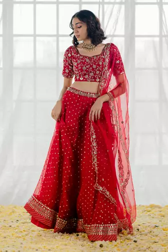 Cherry Red Embroidered Organza Lehenga Set