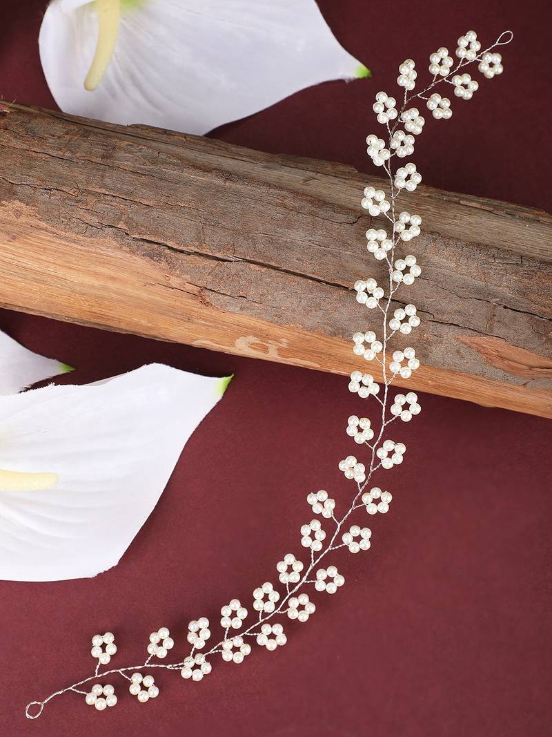 Statement Silver Plated Floral Design Peal Studded Foldable Hair Accessory for Women and Girls