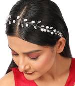 Contemporary Silver Plated Leaf Design Peal Studded Foldable Hair Accessory for Women and Girls