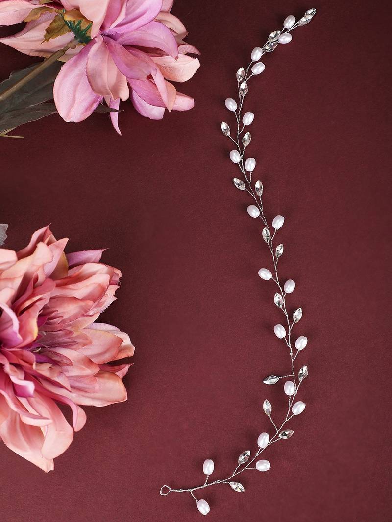 Contemporary Silver Plated Leaf Design Peal Studded Foldable Hair Accessory for Women and Girls