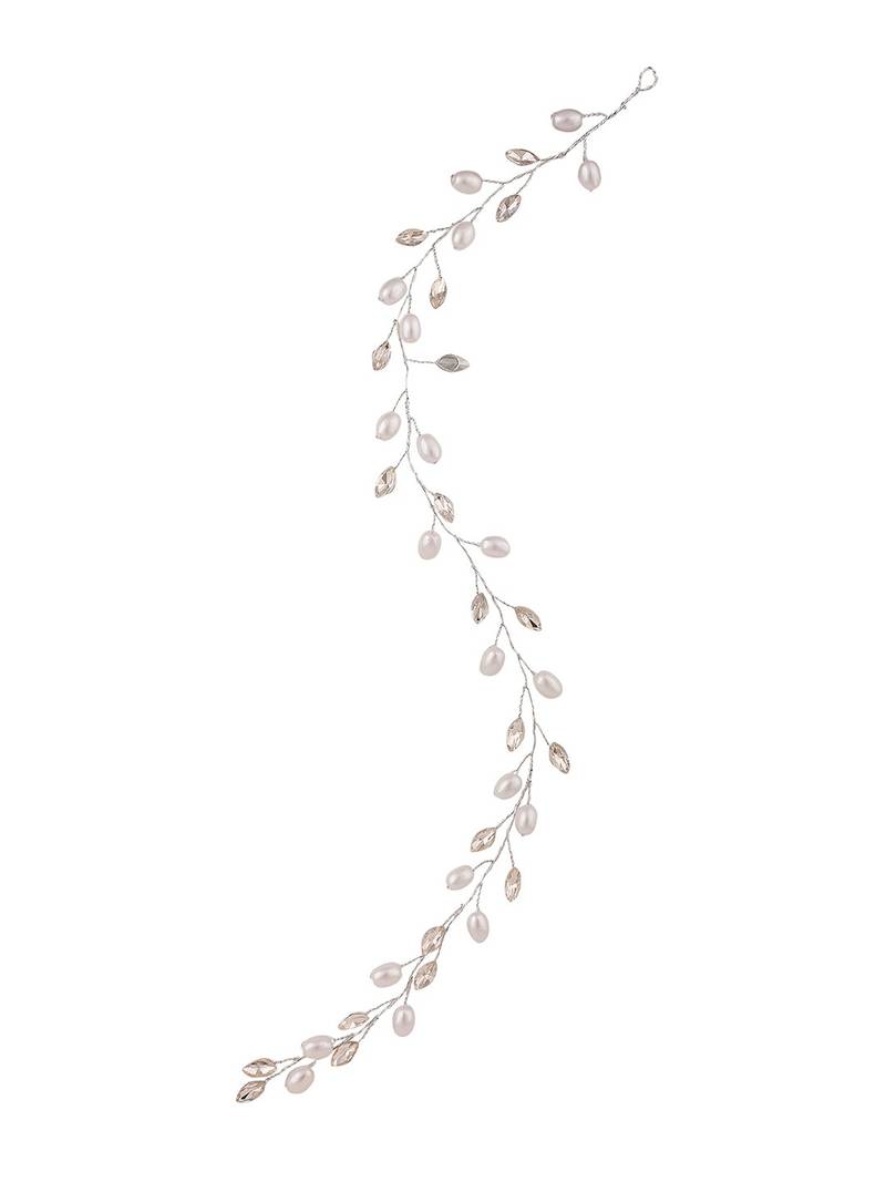 Contemporary Silver Plated Leaf Design Peal Studded Foldable Hair Accessory for Women and Girls