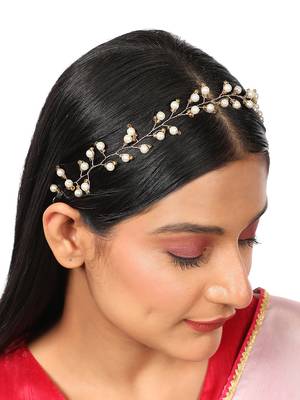 Statement Gold Plated Leaf Design Peal Studded Foldable Hair Accessory for Women and Girls 1