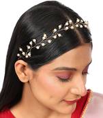 Statement Gold Plated Leaf Design Peal Studded Foldable Hair Accessory for Women and Girls