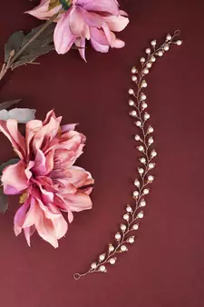 Statement Gold Plated Leaf Design Peal Studded Foldable Hair Accessory for Women and Girls