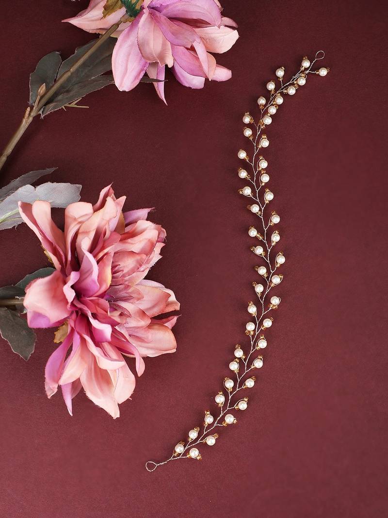 Statement Gold Plated Leaf Design Peal Studded Foldable Hair Accessory for Women and Girls