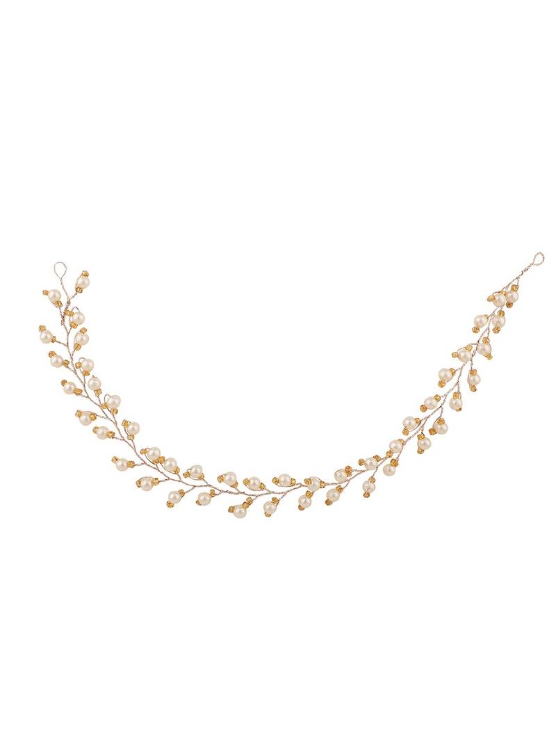 Statement Gold Plated Leaf Design Peal Studded Foldable Hair Accessory for Women and Girls
