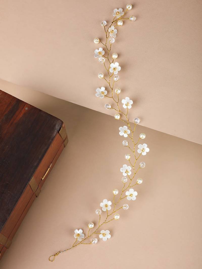 Statement Gold Plated Floral Design Peal Studded Foldable Hair Accessory for Women and Girls
