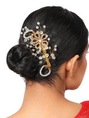 Statement Gold Plated Pearl Studded Floral Design Foldable Hair Accessory with comb for Women and Girls 1