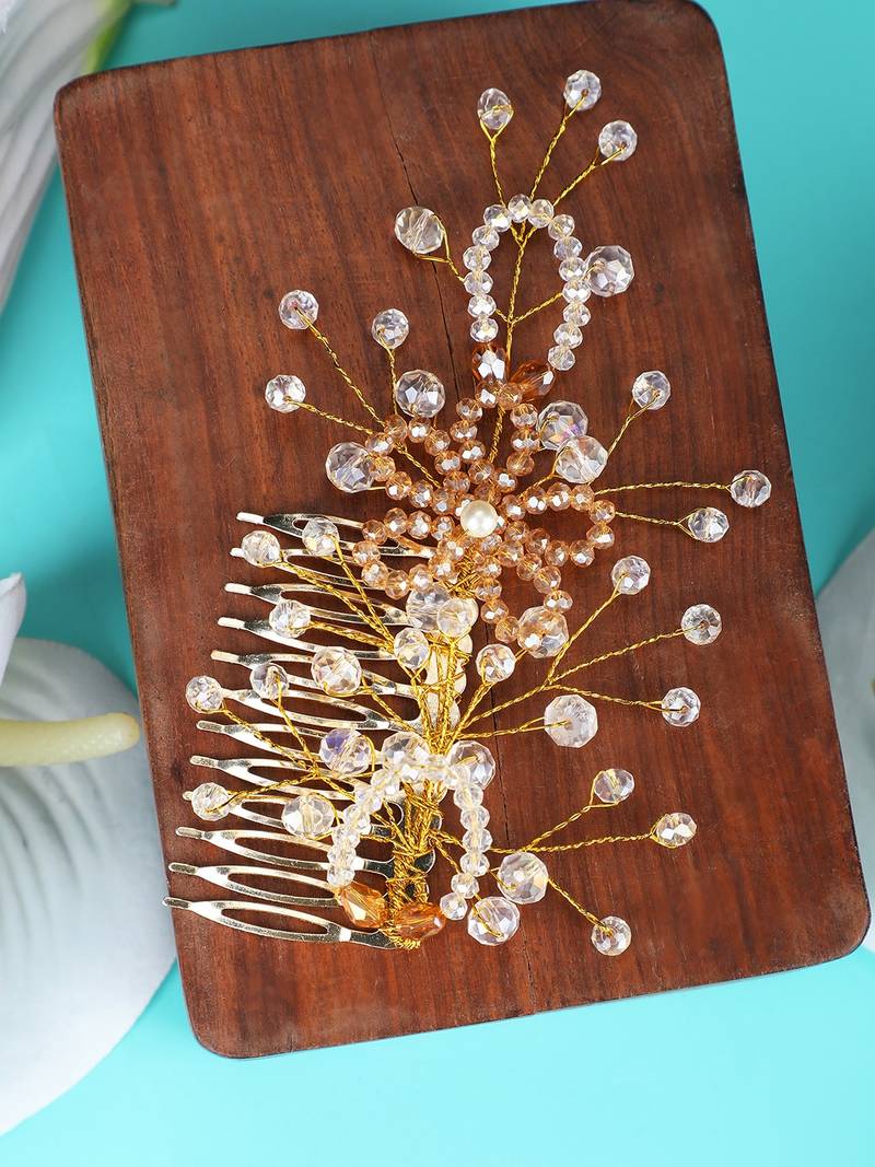 Statement Gold Plated Pearl Studded Floral Design Foldable Hair Accessory with comb for Women and Girls