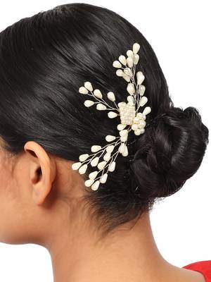 Contemporary Silver Plated Leaf Shaped White colored Pearl Studded Foldable Hair Accessory for Women and Girls 1