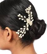 Contemporary Silver Plated Leaf Shaped White colored Pearl Studded Foldable Hair Accessory for Women and Girls