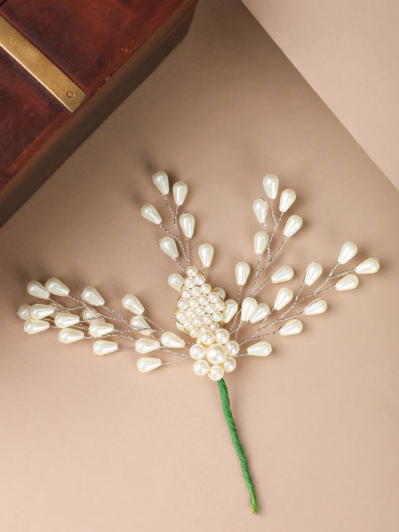Contemporary Silver Plated Leaf Shaped White colored Pearl Studded Foldable Hair Accessory for Women and Girls