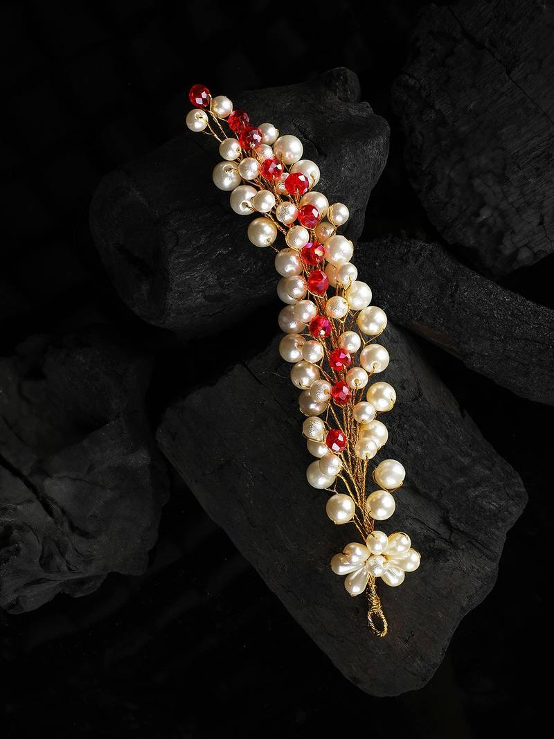 Statement White and Red colored Pearl Studded Foldable Hair Accessory for Women and Girls