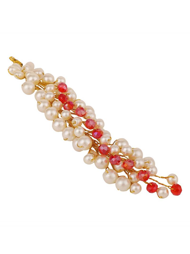 Statement White and Red colored Pearl Studded Foldable Hair Accessory for Women and Girls