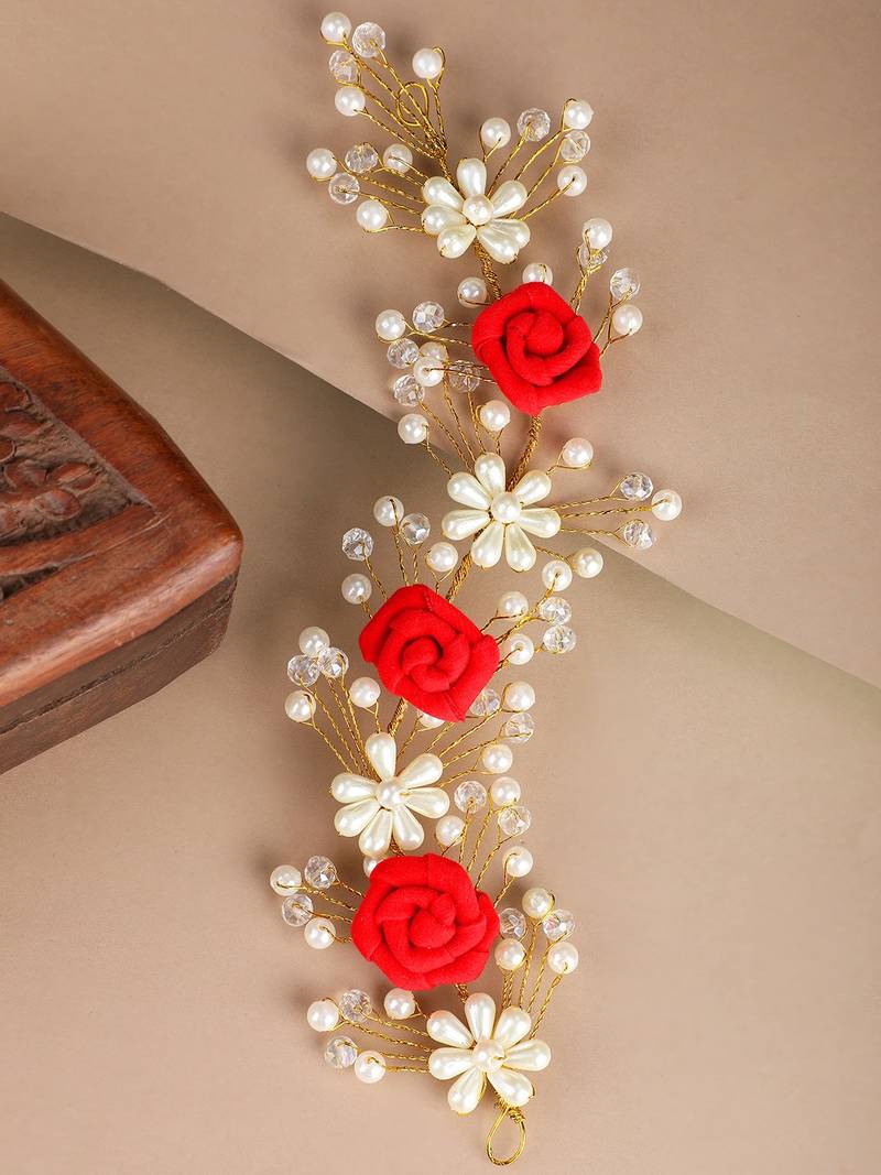 Statement Gold Plated Rose and Pearl Studded Foldable Hair Accessory for Women and Girls