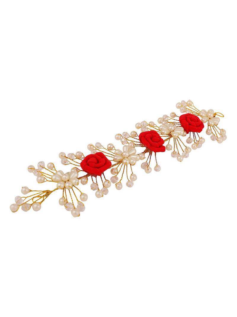 Statement Gold Plated Rose and Pearl Studded Foldable Hair Accessory for Women and Girls