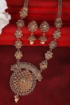 Ethnic Gold Plated Broad Long Necklace Floral and Leaf Design Stone and Pearl Studded Necklace Set with Earring