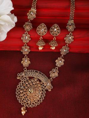 Ethnic Gold Plated Broad Long Necklace Floral and Leaf Design Stone and Pearl Studded Necklace Set with Earring 1