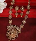 Ethnic Gold Plated Broad Long Necklace Floral and Leaf Design Stone and Pearl Studded Necklace Set with Earring