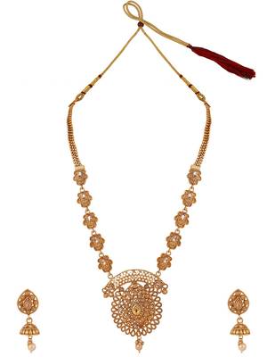 Ethnic Gold Plated Broad Long Necklace Floral and Leaf Design Stone and Pearl Studded Necklace Set with Earring 2