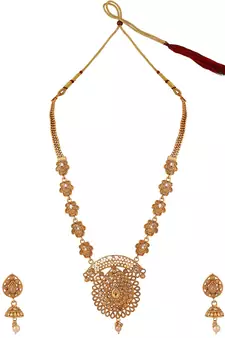 Ethnic Gold Plated Broad Long Necklace Floral and Leaf Design Stone and Pearl Studded Necklace Set with Earring
