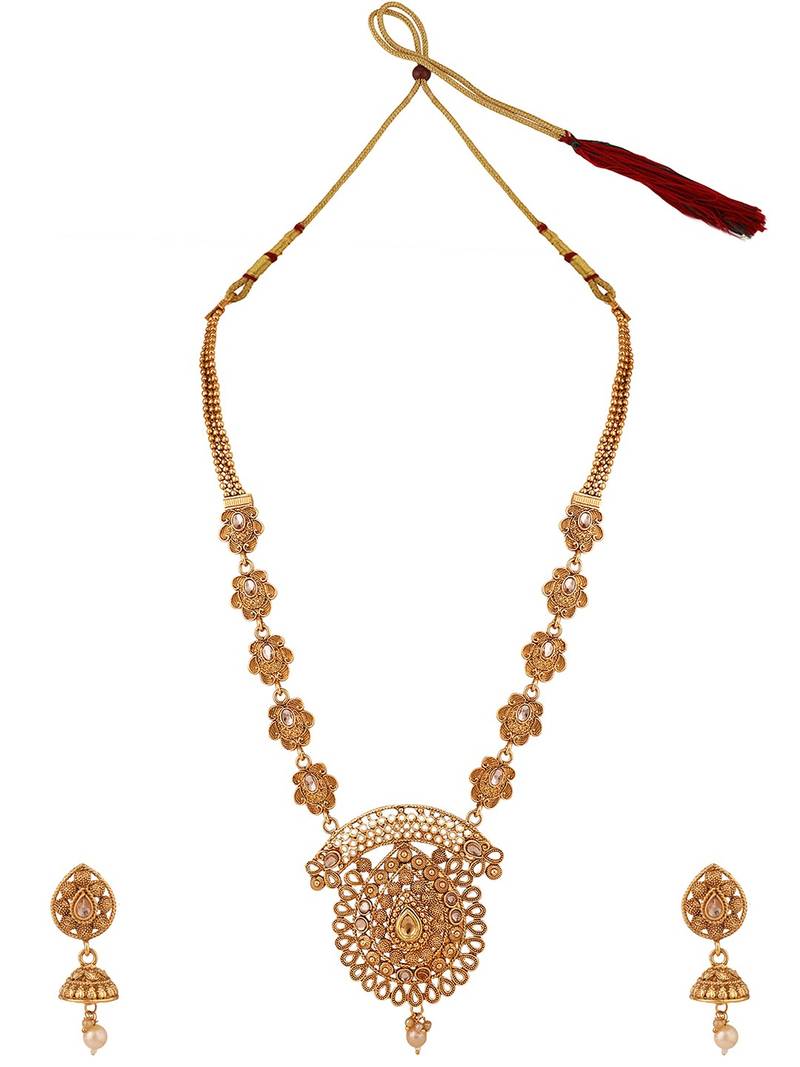 Ethnic Gold Plated Broad Long Necklace Floral and Leaf Design Stone and Pearl Studded Necklace Set with Earring