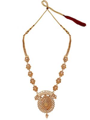 Ethnic Gold Plated Broad Long Necklace Floral and Leaf Design Stone and Pearl Studded Necklace Set with Earring 3