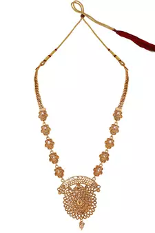 Ethnic Gold Plated Broad Long Necklace Floral and Leaf Design Stone and Pearl Studded Necklace Set with Earring