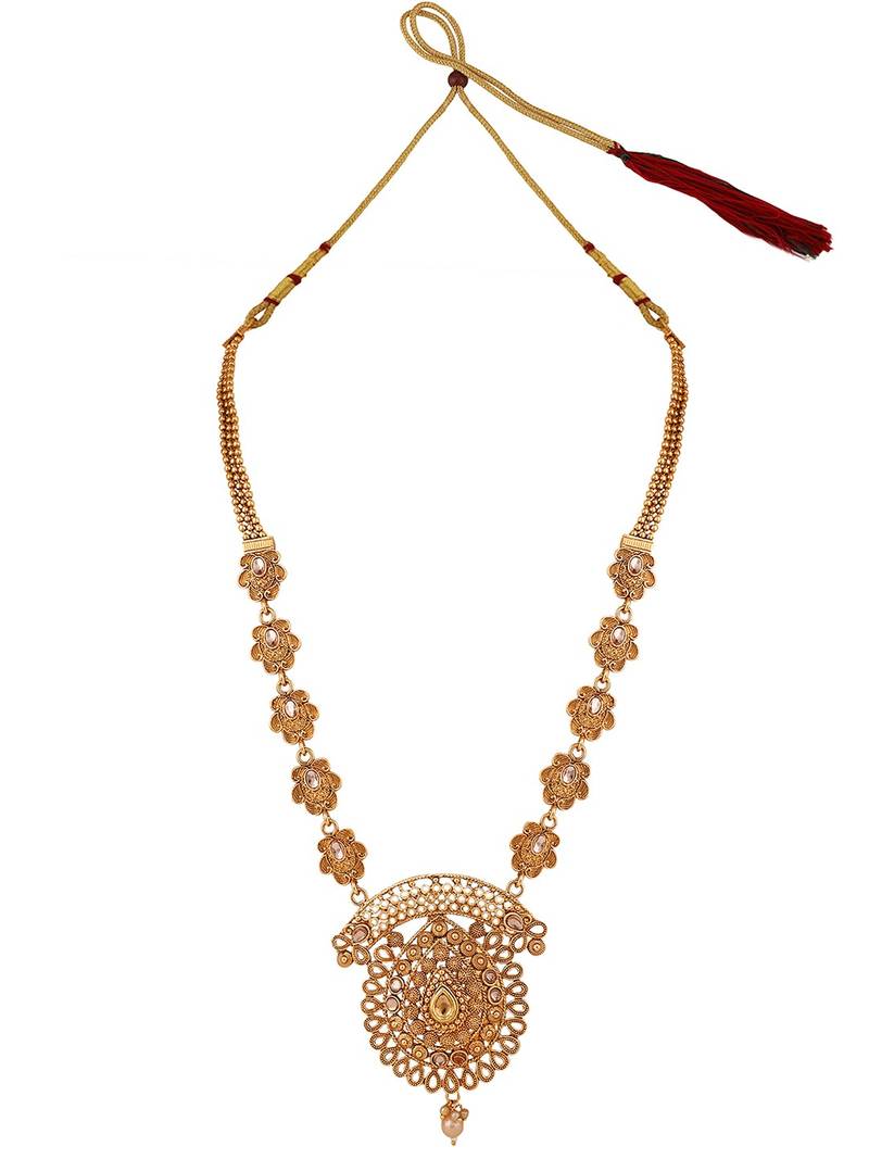 Ethnic Gold Plated Broad Long Necklace Floral and Leaf Design Stone and Pearl Studded Necklace Set with Earring