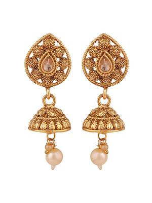 Ethnic Gold Plated Broad Long Necklace Floral and Leaf Design Stone and Pearl Studded Necklace Set with Earring 4