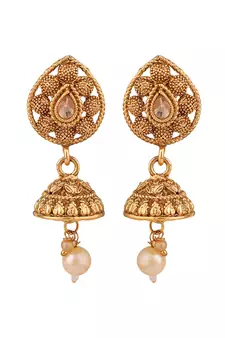 Ethnic Gold Plated Broad Long Necklace Floral and Leaf Design Stone and Pearl Studded Necklace Set with Earring