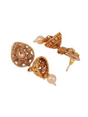 Ethnic Gold Plated Broad Long Necklace Floral and Leaf Design Stone and Pearl Studded Necklace Set with Earring 5