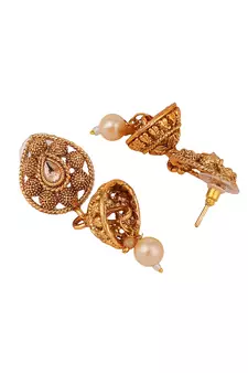 Ethnic Gold Plated Broad Long Necklace Floral and Leaf Design Stone and Pearl Studded Necklace Set with Earring