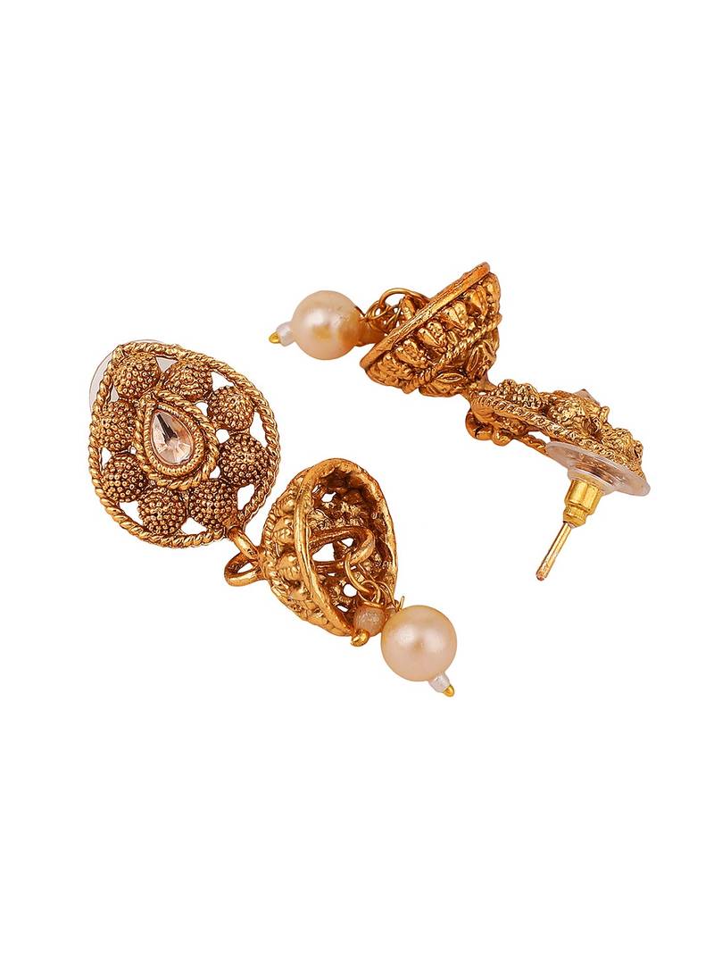 Ethnic Gold Plated Broad Long Necklace Floral and Leaf Design Stone and Pearl Studded Necklace Set with Earring