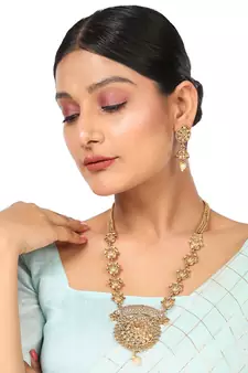 Ethnic Gold Plated Broad Long Necklace Floral and Leaf Design Stone and Pearl Studded Necklace Set with Earring