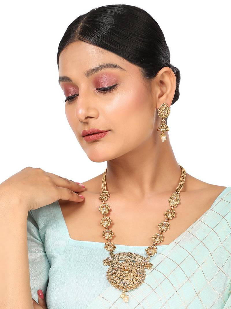 Ethnic Gold Plated Broad Long Necklace Floral and Leaf Design Stone and Pearl Studded Necklace Set with Earring