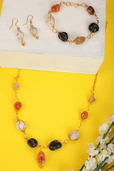 Contemporary Multicolor Beads locked with Gold Plated Wired Long Necklace Set with Earring and Bracelet for Women