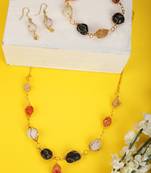 Contemporary Multicolor Beads locked with Gold Plated Wired Long Necklace Set with Earring and Bracelet for Women