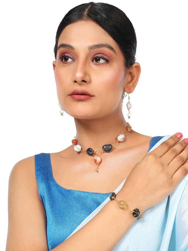 Contemporary Multicolor Beads locked with Gold Plated Wired Long Necklace Set with Earring and Bracelet for Women