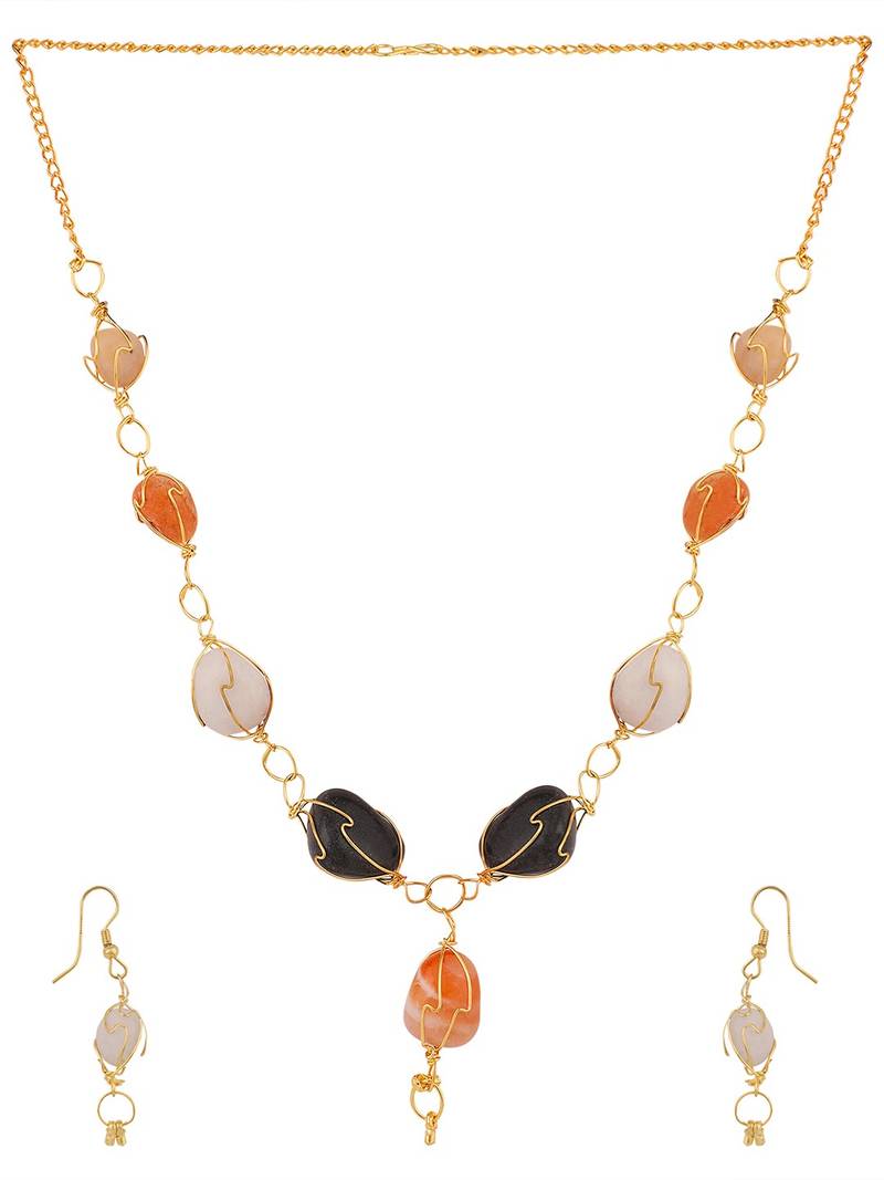 Contemporary Multicolor Beads locked with Gold Plated Wired Long Necklace Set with Earring and Bracelet for Women