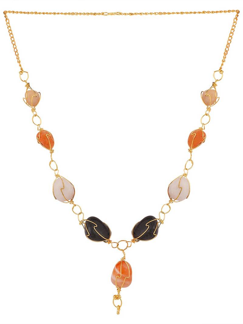 Contemporary Multicolor Beads locked with Gold Plated Wired Long Necklace Set with Earring and Bracelet for Women