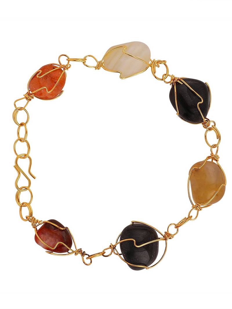 Contemporary Multicolor Beads locked with Gold Plated Wired Long Necklace Set with Earring and Bracelet for Women