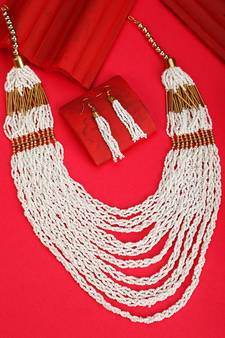 Contemporary White Colored Beads Gold Plated Heavy Layered Necklace Set with Earring for Women and Girls.