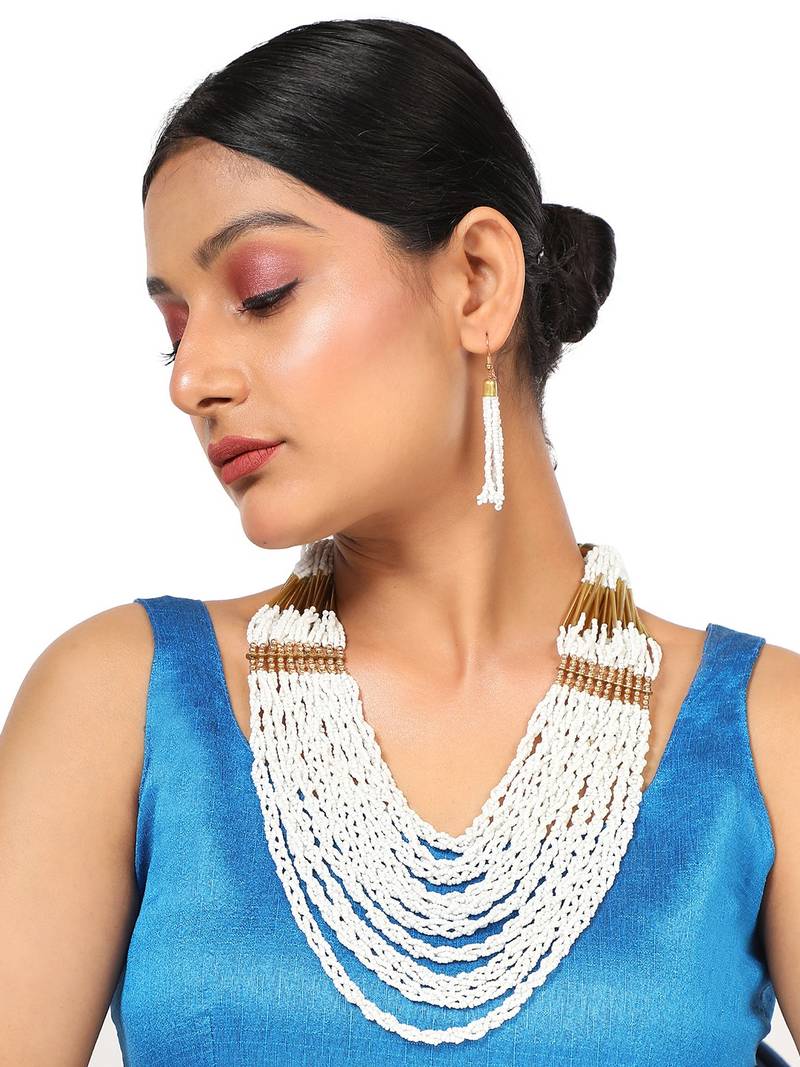 Contemporary White Colored Beads Gold Plated Heavy Layered Necklace Set with Earring for Women and Girls.