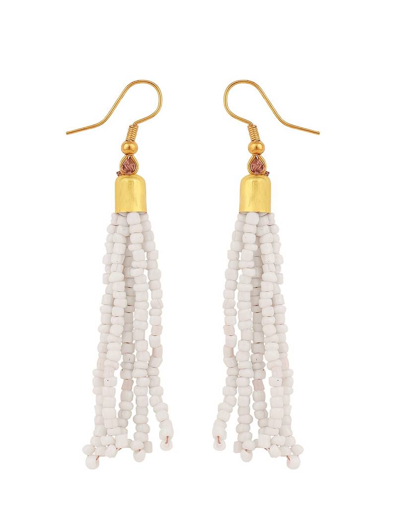 Contemporary White Colored Beads Gold Plated Heavy Layered Necklace Set with Earring for Women and Girls.